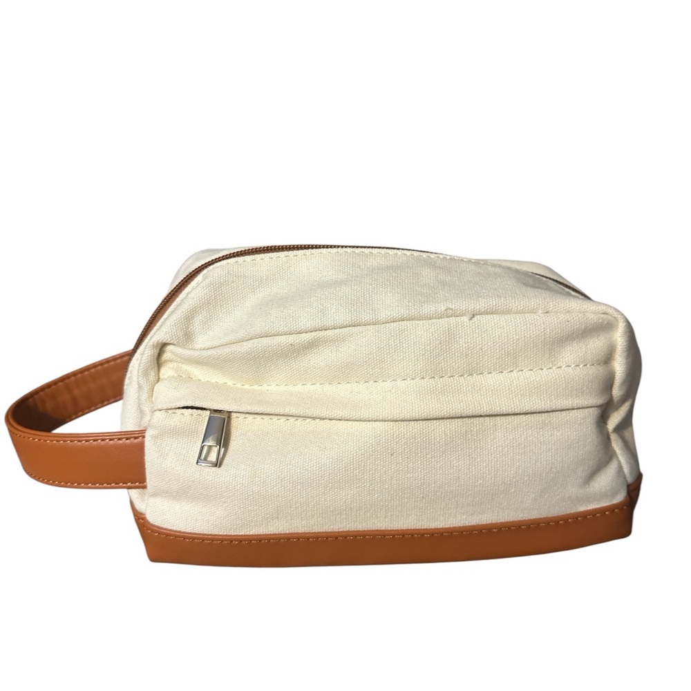 NWOT Amazon Cream and Tan faux leather  Toiletry Bag handle zipper inside